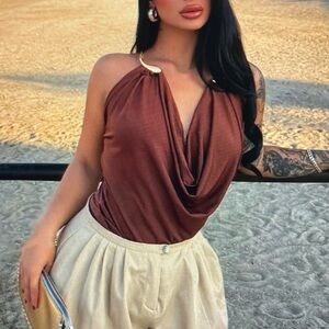 Women's Draped Halter Top in Chestnut Brown